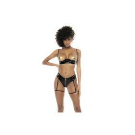 Ensemble 2 pièces, en vinyl et résille noir, soutien gorge seins nus et string avec zip fonctionnel 
